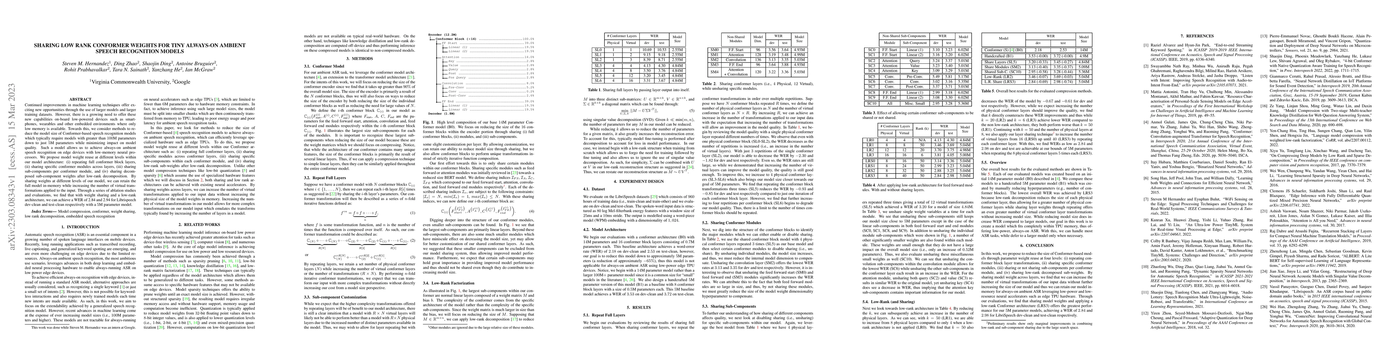 Thumbnail for Sharing Low Rank Conformer Weights for Tiny Always-On Ambient Speech
  Recognition Models