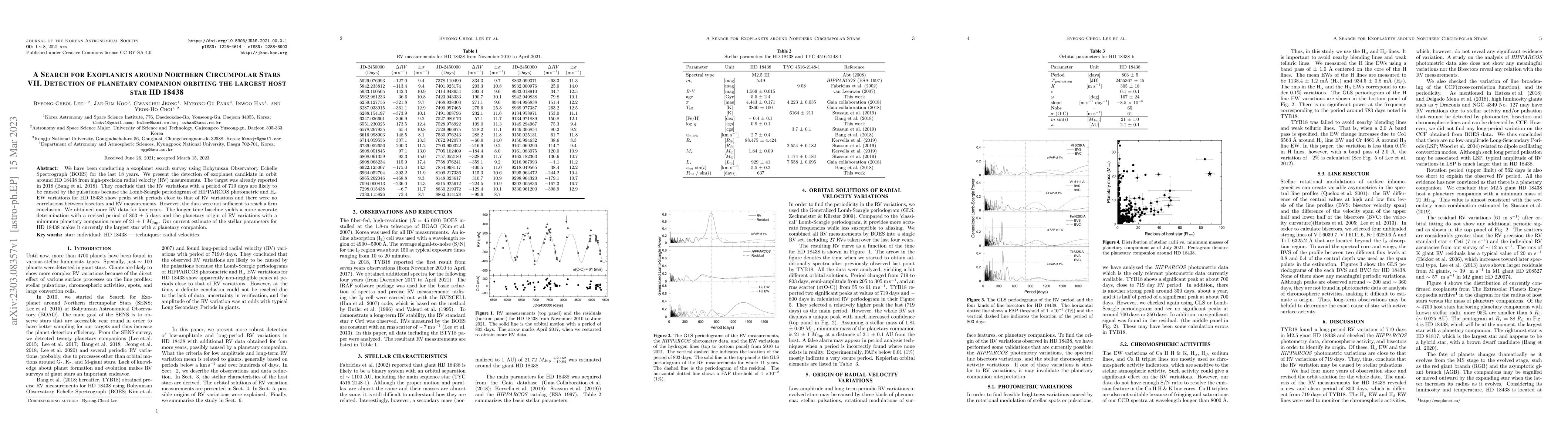 Thumbnail for A search for exoplanets around north circumpolar stars. VII. Detection
  of planetary companion orbiting the largest host star HD 18438