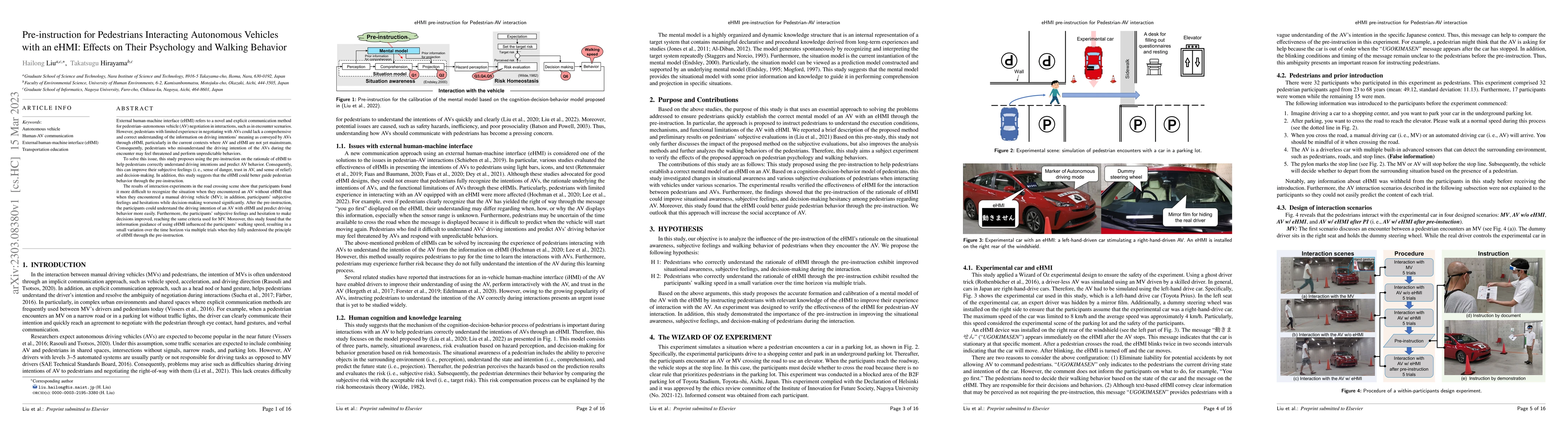 Thumbnail for Pre-instruction for Pedestrians Interacting Autonomous Vehicles with an
  eHMI: Effects on Their Psychology and Walking Behavior