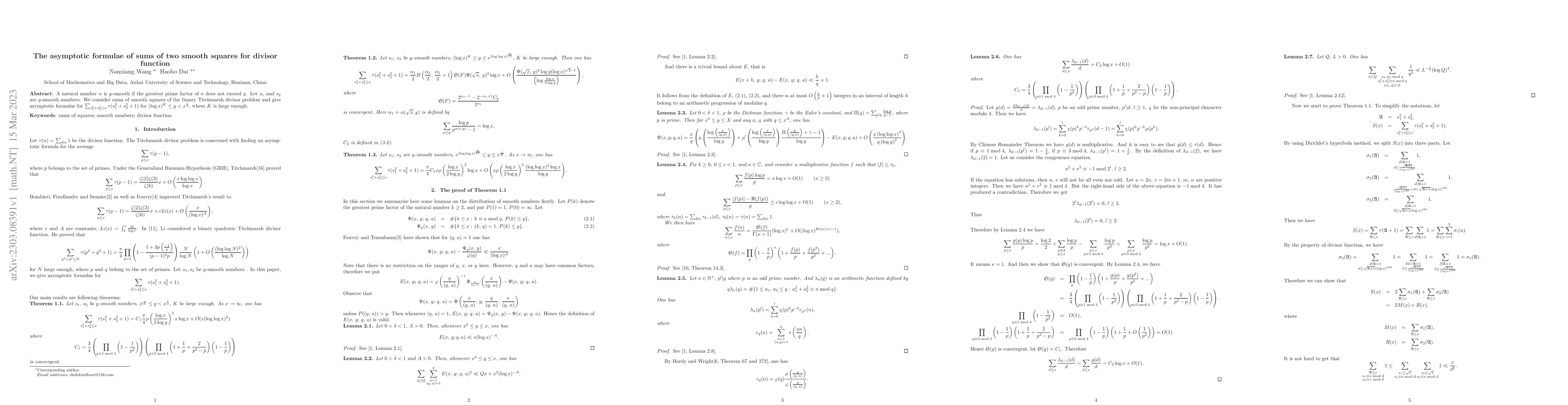 Thumbnail for The asymptotic formulae of sums of two smooth squares for divisor
  function