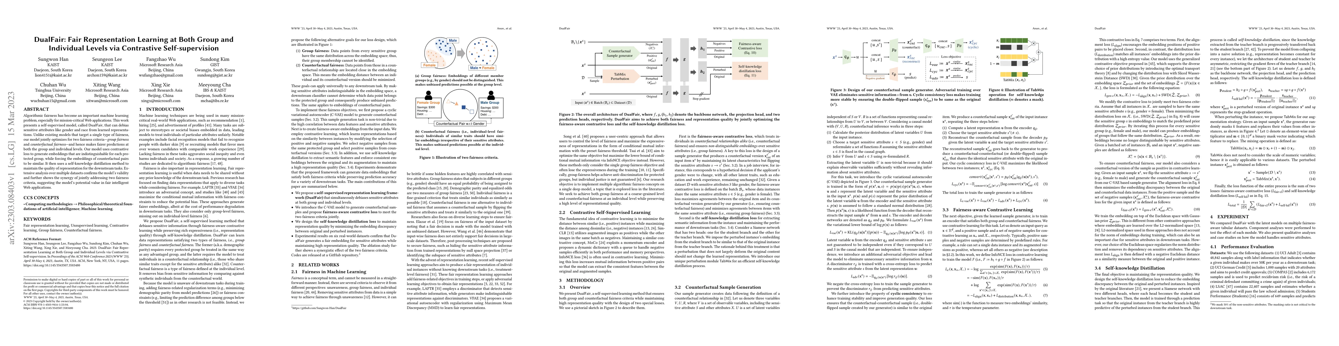 Thumbnail for DualFair: Fair Representation Learning at Both Group and Individual
  Levels via Contrastive Self-supervision