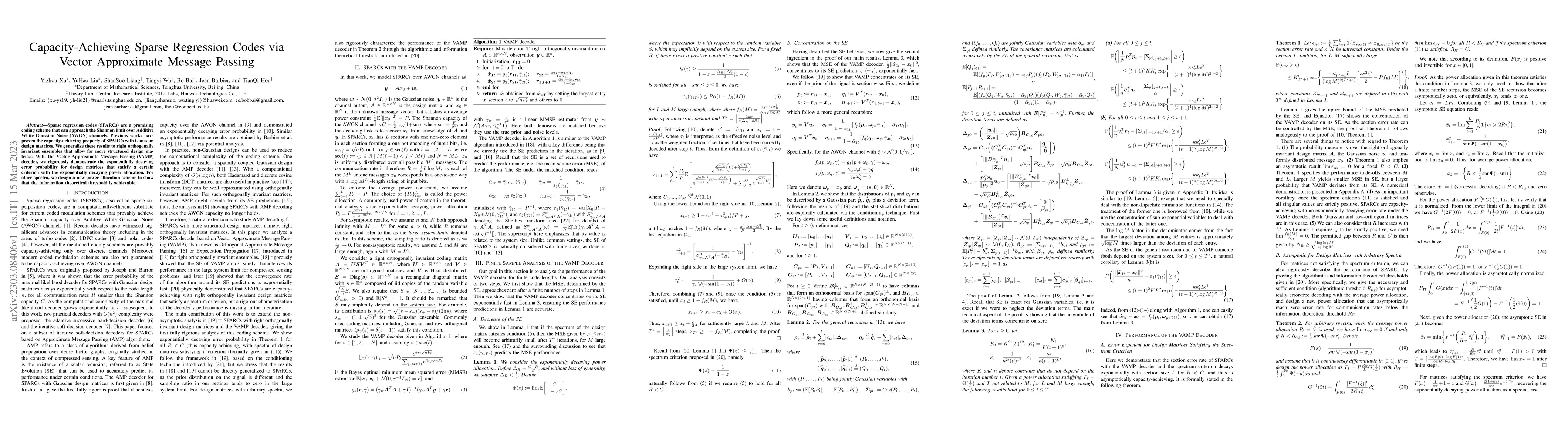 Thumbnail for Capacity-Achieving Sparse Regression Codes via Vector Approximate
  Message Passing