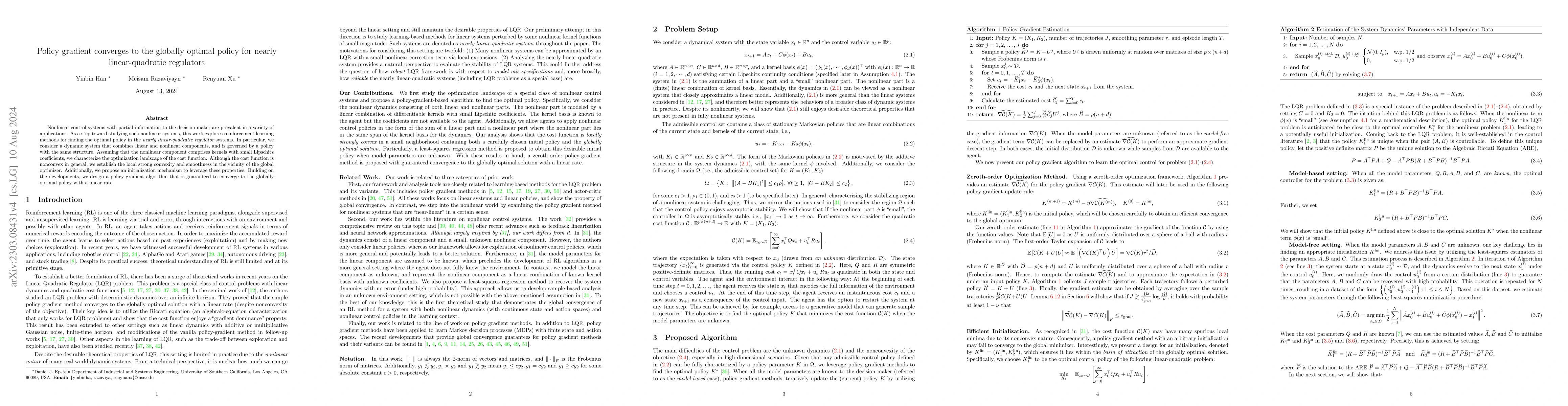 Thumbnail for Policy Gradient Converges to the Globally Optimal Policy for Nearly
  Linear-Quadratic Regulators