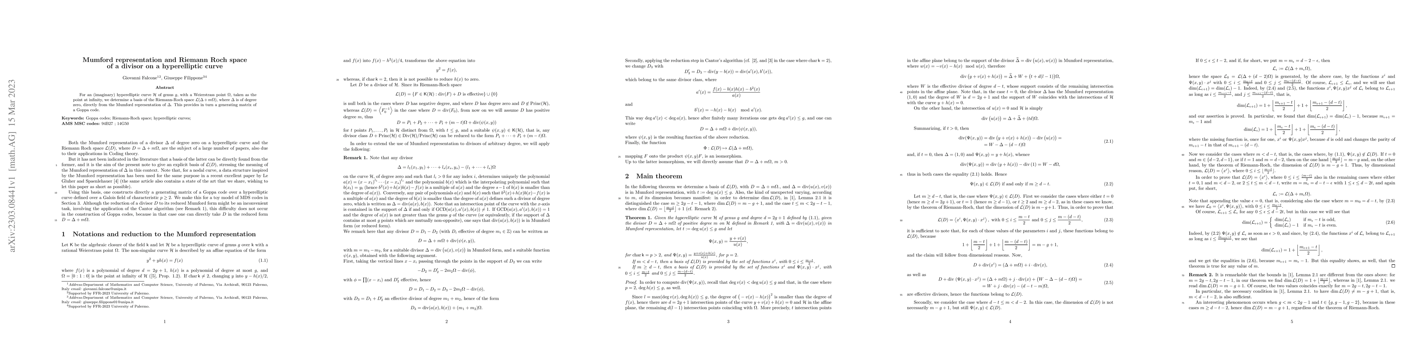 Thumbnail for Mumford representation and Riemann Roch space of a divisor on a
  hyperelliptic curve