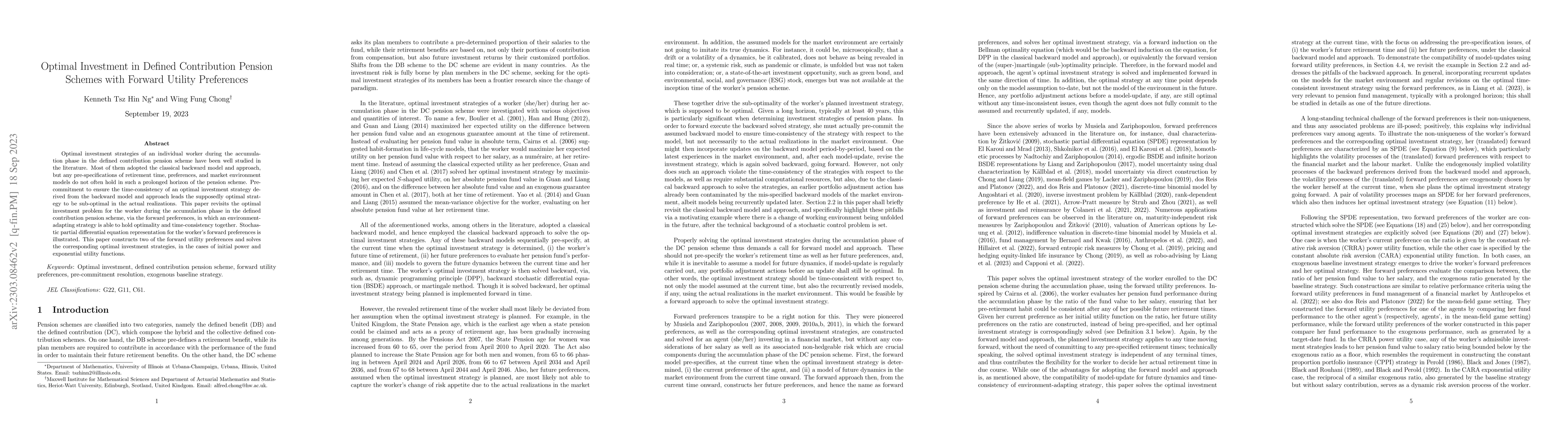 Thumbnail for Optimal Investment in Defined Contribution Pension Schemes with Forward
  Utility Preferences