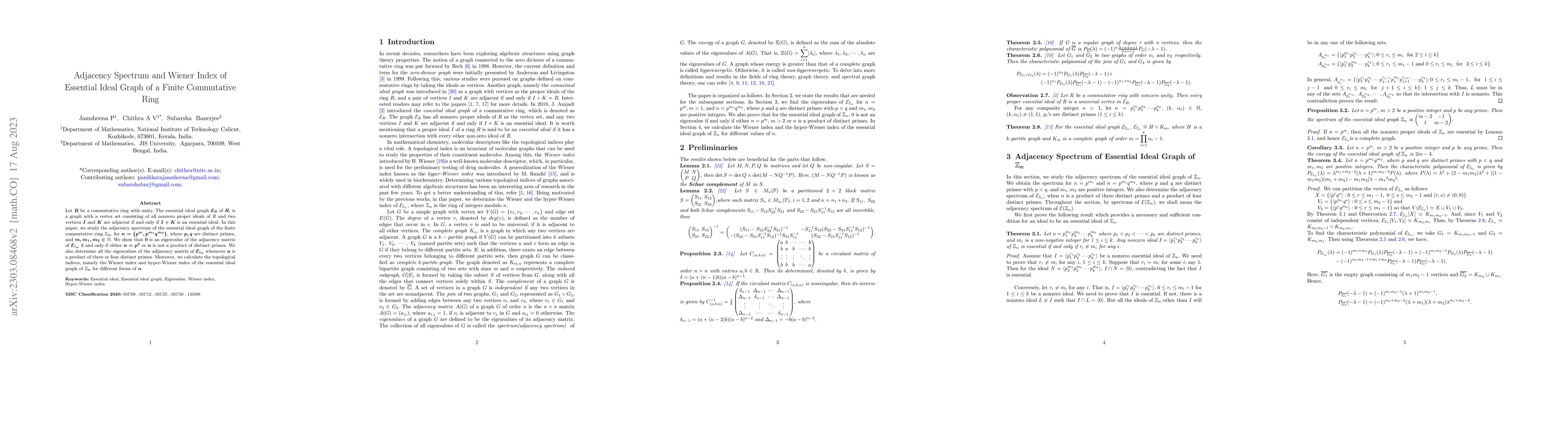 Thumbnail for Adjacency Spectrum and Wiener Index of the Essential Ideal Graph of a
  Finite Commutative Ring $\mathbb{Z}_{n}$