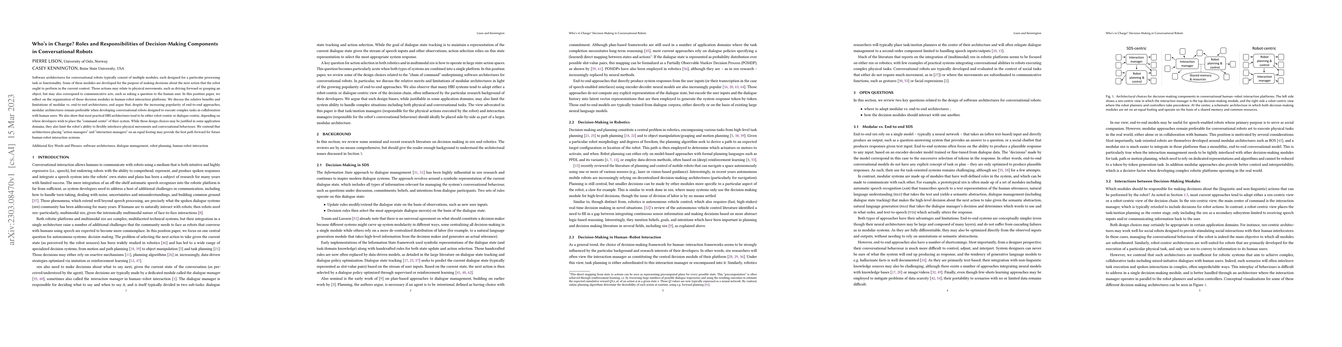 Thumbnail for Who's in Charge? Roles and Responsibilities of Decision-Making
  Components in Conversational Robots