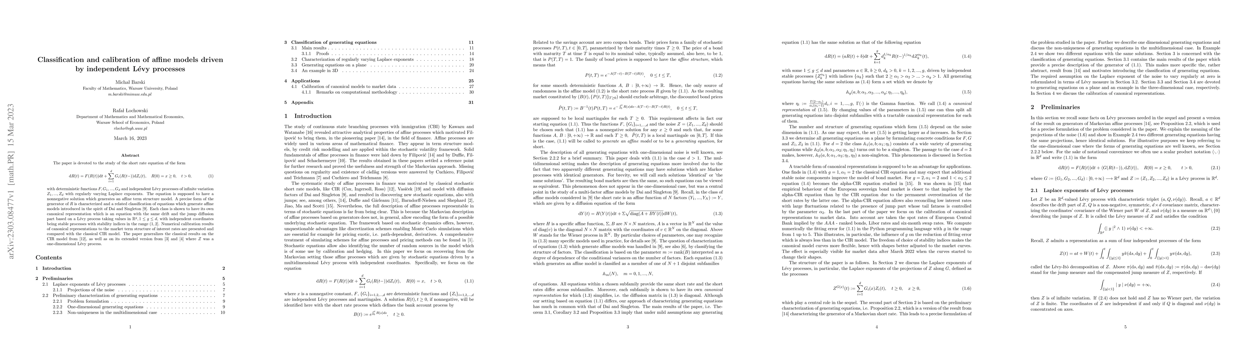 Thumbnail for Classification and calibration of affine models driven by independent
  L\'evy processes