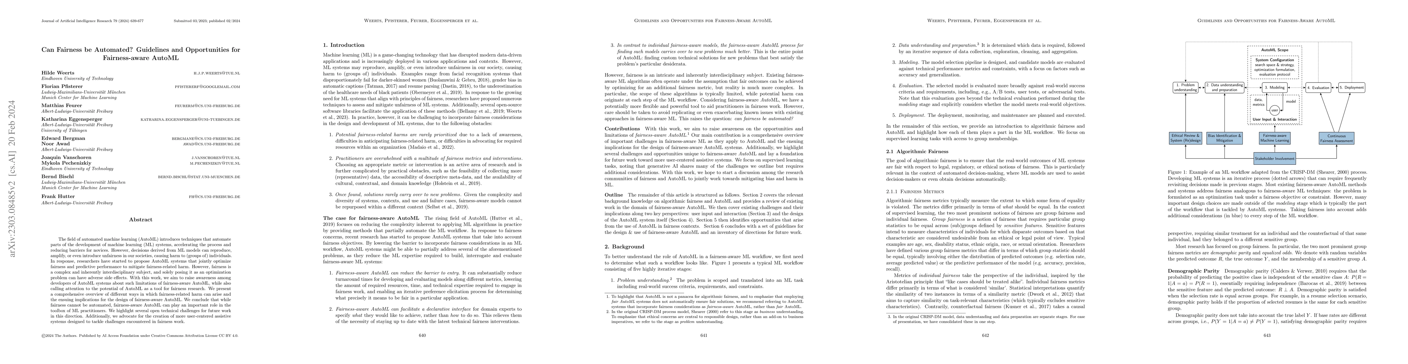 Thumbnail for Can Fairness be Automated? Guidelines and Opportunities for
  Fairness-aware AutoML