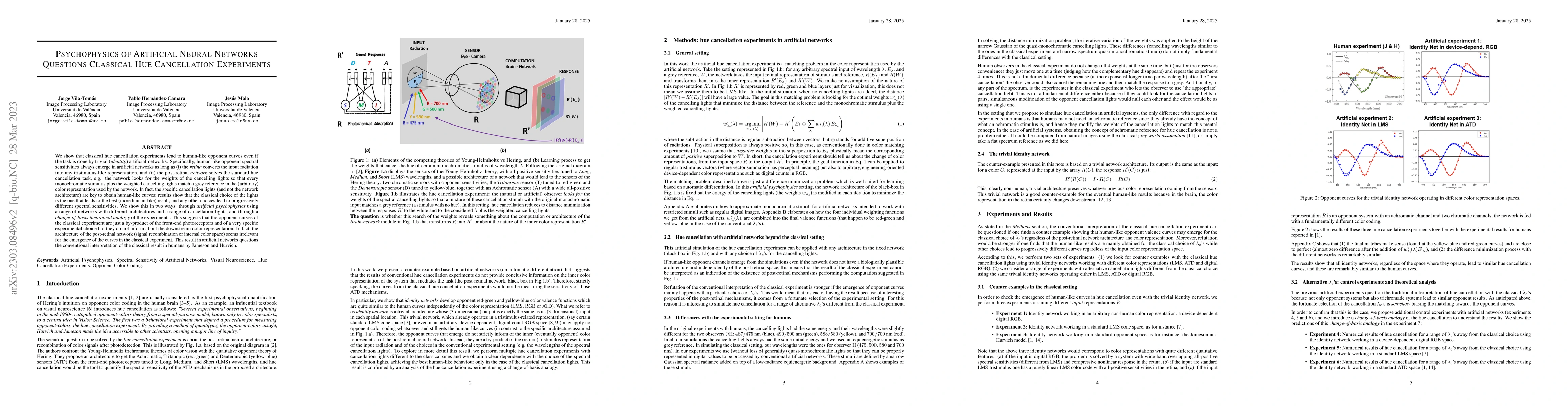 Thumbnail for Psychophysics of Artificial Neural Networks Questions Classical Hue
  Cancellation Experiments