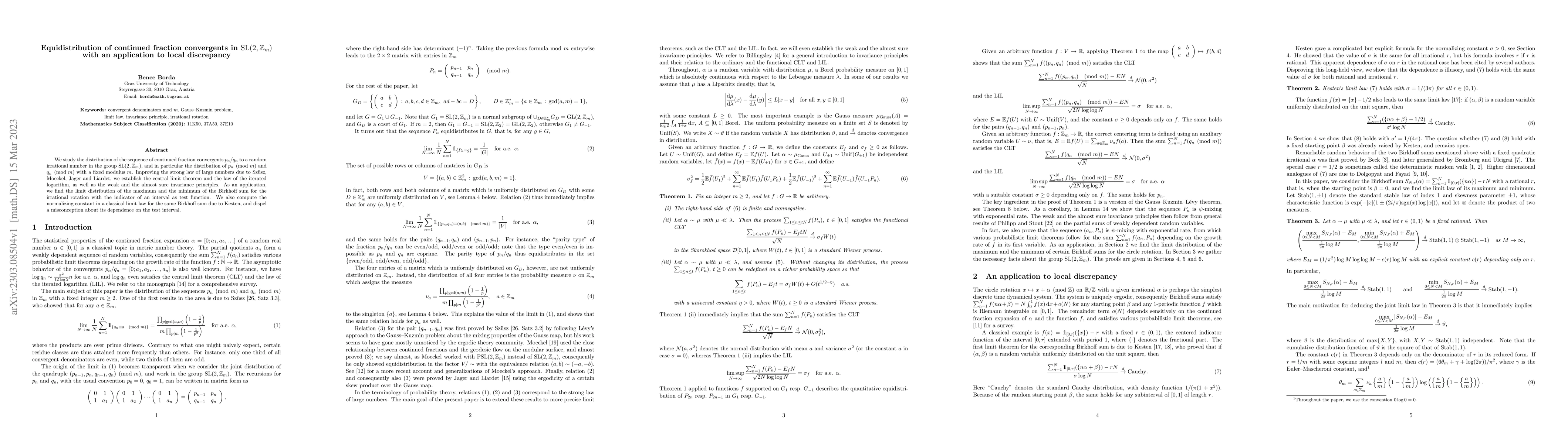Thumbnail for Equidistribution of continued fraction convergents in
  $\mathrm{SL}(2,\mathbb{Z}_m)$ with an application to local discrepancy
