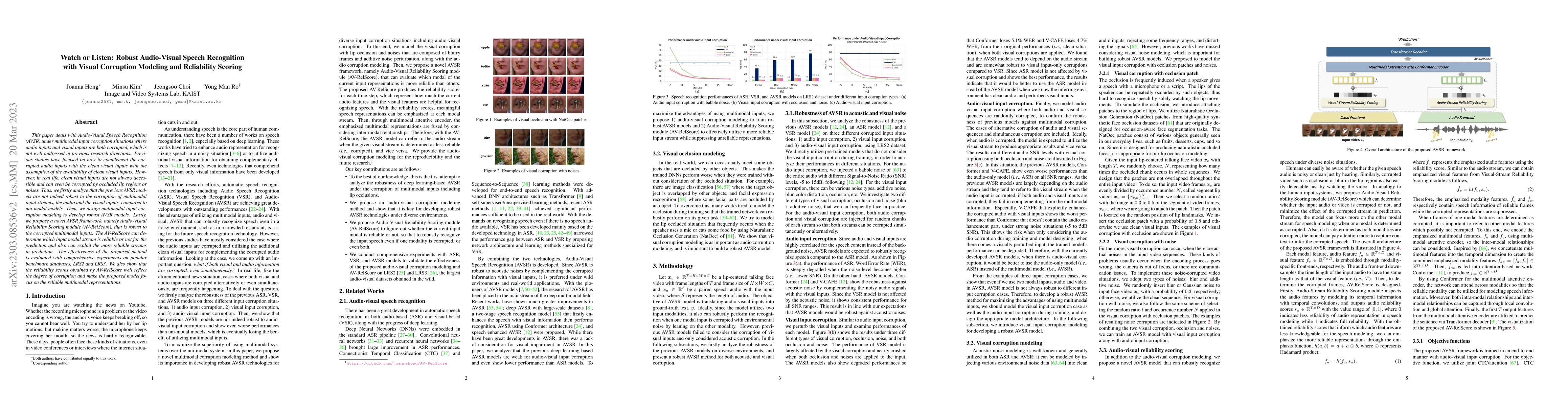 Thumbnail for Watch or Listen: Robust Audio-Visual Speech Recognition with Visual
  Corruption Modeling and Reliability Scoring