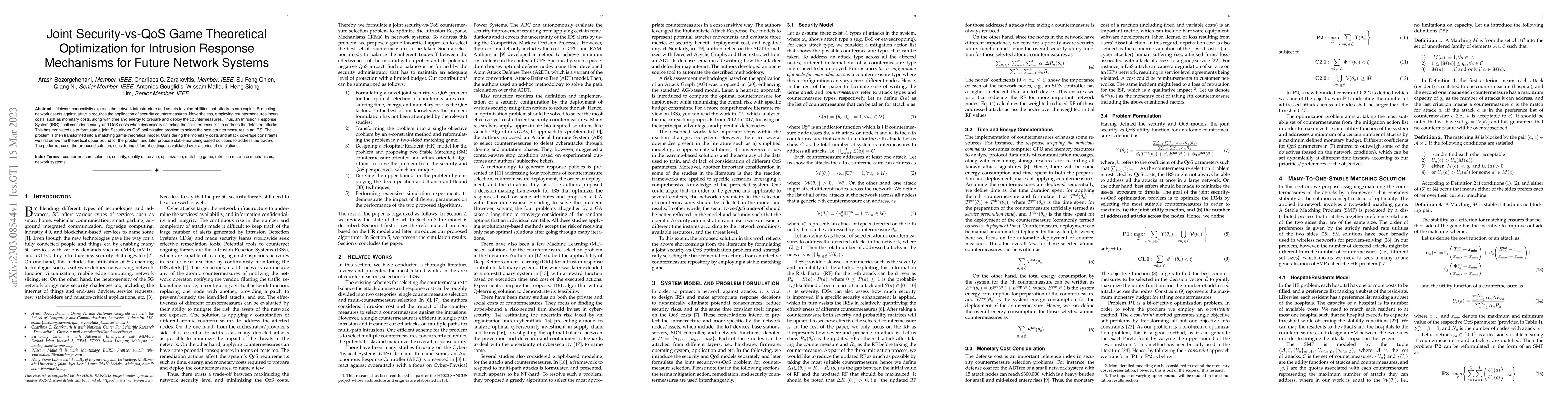 Thumbnail for Joint Security-vs-QoS Game Theoretical Optimization for Intrusion
  Response Mechanisms for Future Network Systems