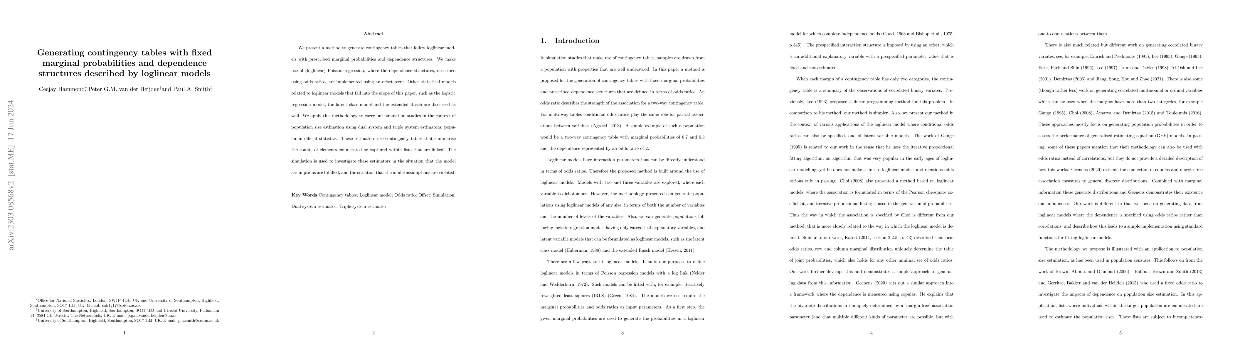 Thumbnail for Generating contingency tables with fixed marginal probabilities and
  dependence structures described by loglinear models