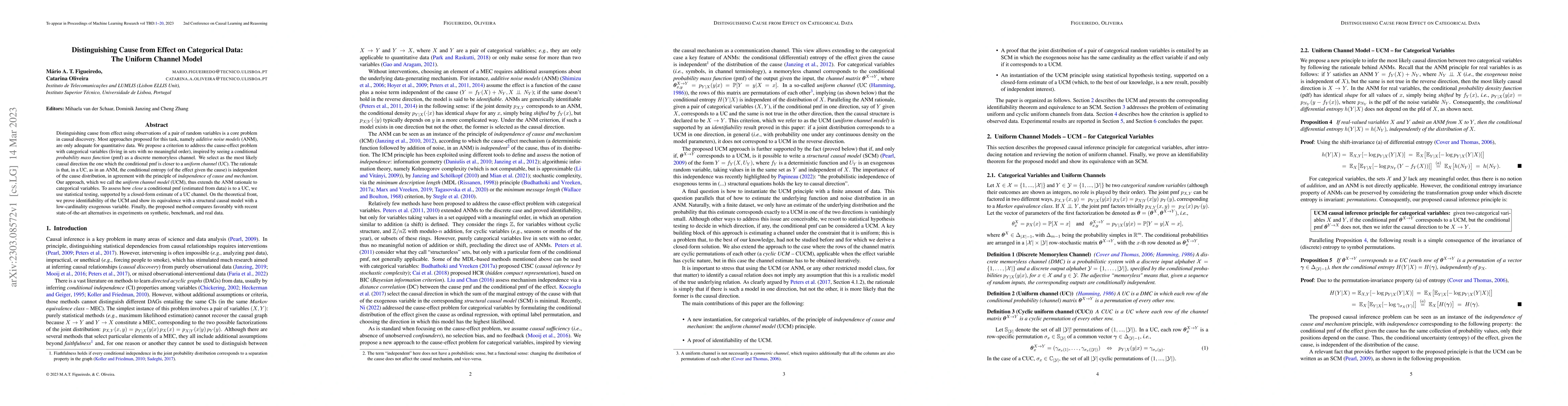 Thumbnail for Distinguishing Cause from Effect on Categorical Data: The Uniform
  Channel Model