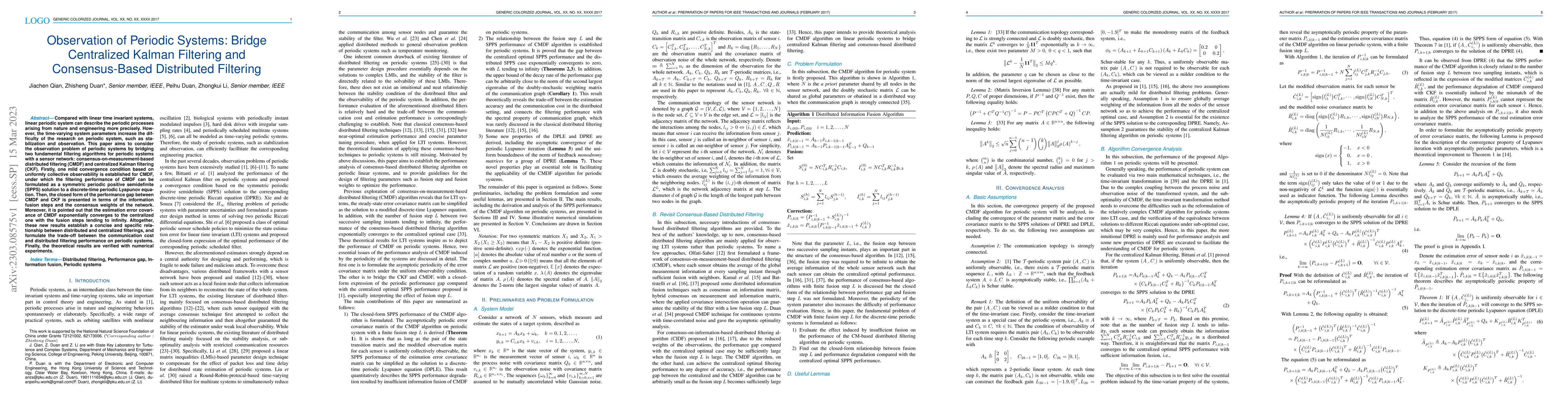 Thumbnail for Observation of Periodic Systems: Bridge Centralized Kalman Filtering and
  Consensus-Based Distributed Filtering