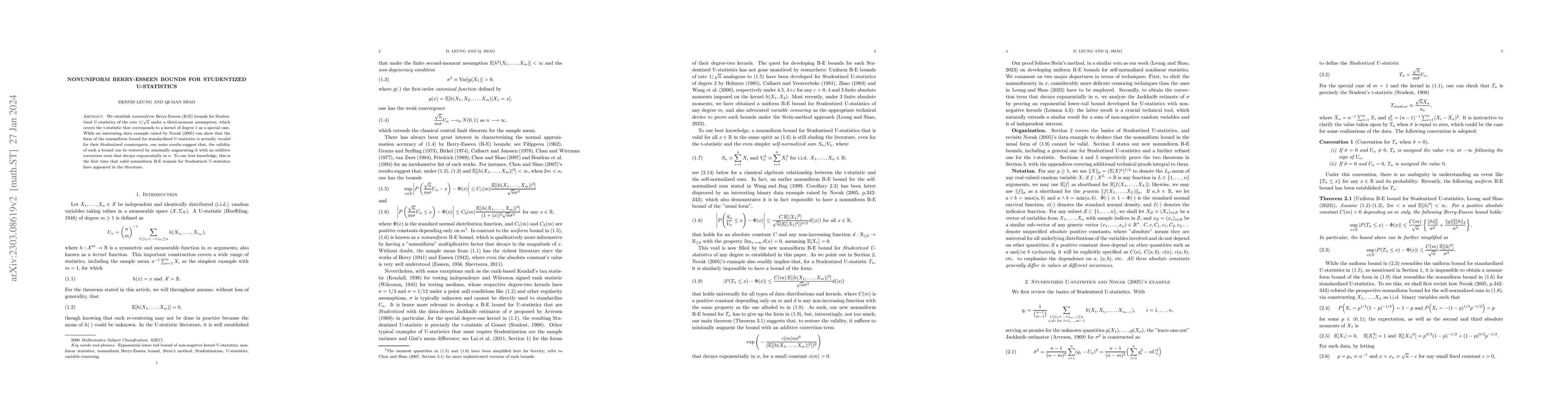 Thumbnail for Nonuniform Berry-Esseen bounds for Studentized U-statistics