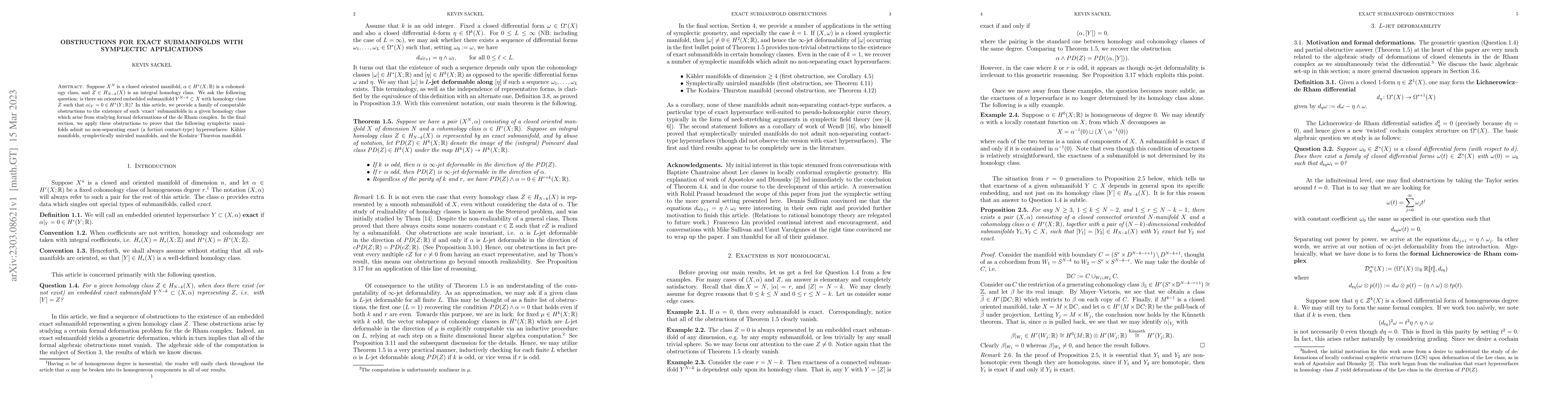 Thumbnail for Obstructions for exact submanifolds with symplectic applications