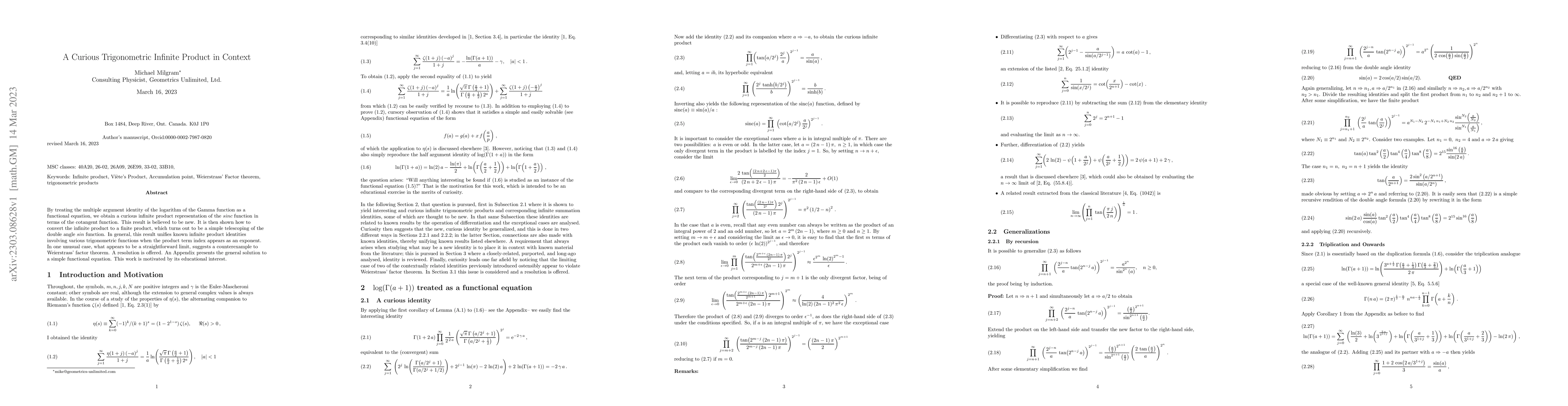Thumbnail for A Curious Trigonometric Infinite Product in Context