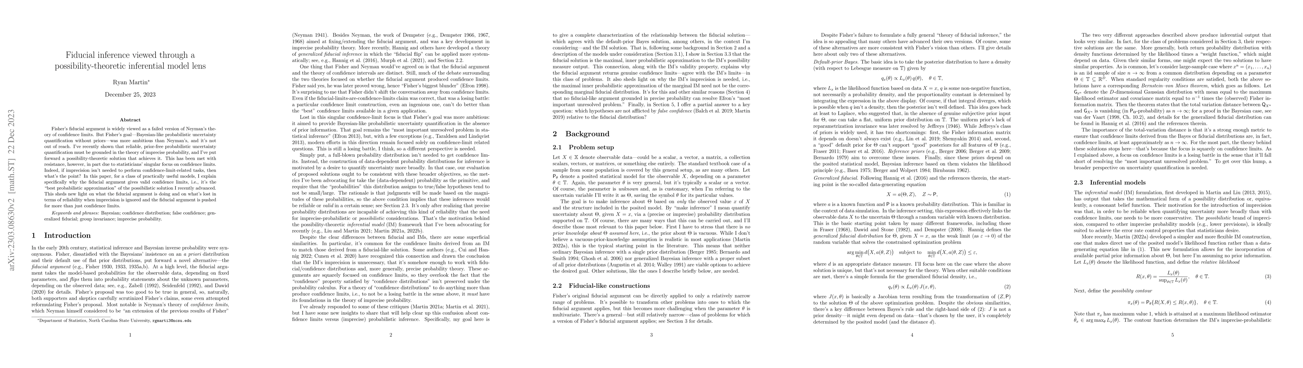 Thumbnail for Fiducial inference viewed through a possibility-theoretic inferential
  model lens
