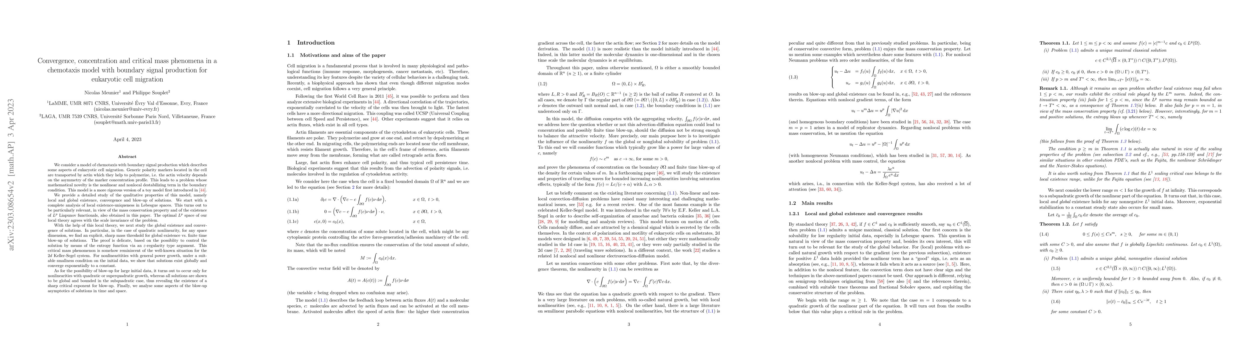 Thumbnail for Convergence, concentration and critical mass phenomena in a chemotaxis
  model with boundary signal production for eukaryotic cell migration