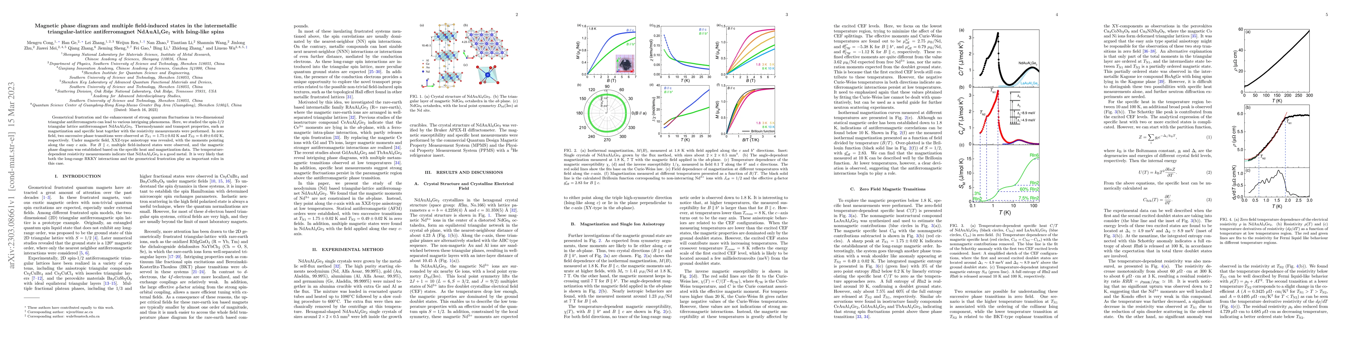 Thumbnail for Magnetic phase diagram and multiple field-induced states in the
  intermetallic triangular-lattice antiferromagnet NdAuAl$_4$Ge$_2$ with
  Ising-like spins
