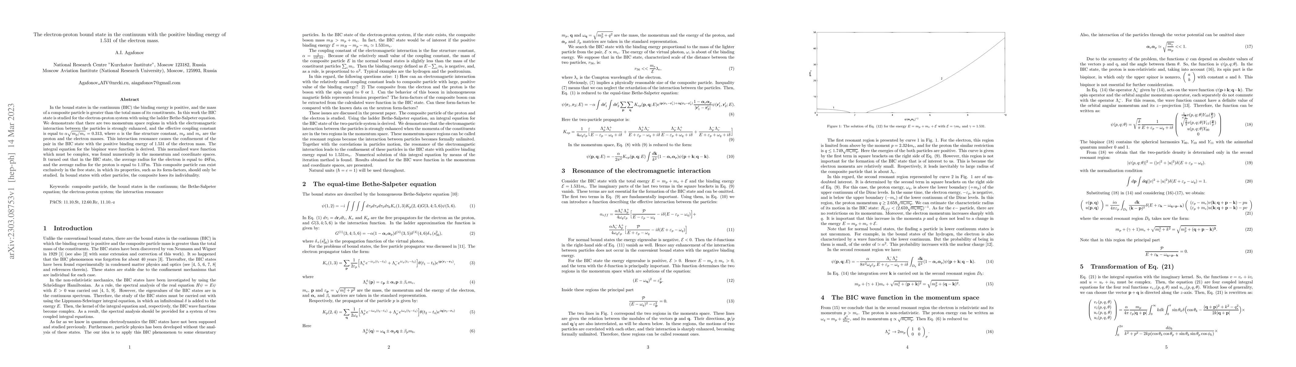 Thumbnail for The electron-proton bound state in the continuum with the positive
  binding energy of 1.531 of the electron mass