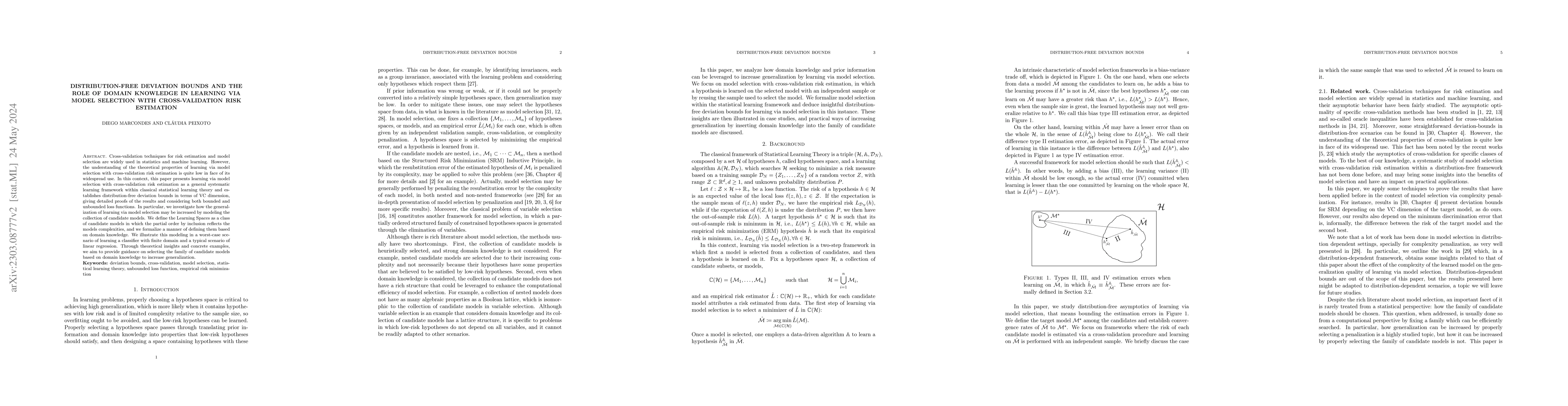 Thumbnail for Distribution-free Deviation Bounds and The Role of Domain Knowledge in
  Learning via Model Selection with Cross-validation Risk Estimation