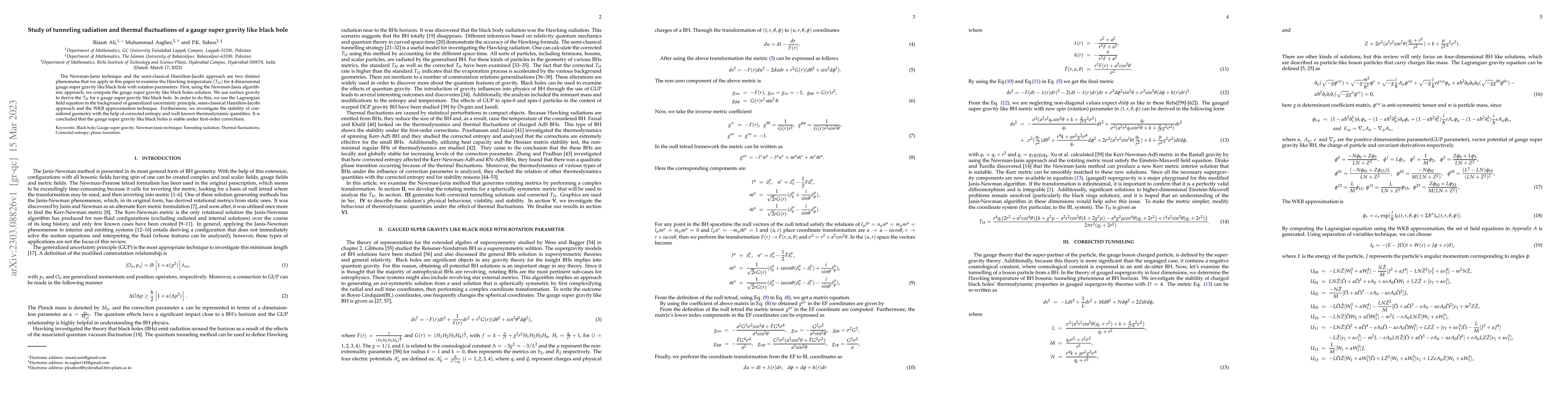 Thumbnail for Study of tunneling radiation and thermal fluctuations of a gauge super
  gravity like black hole