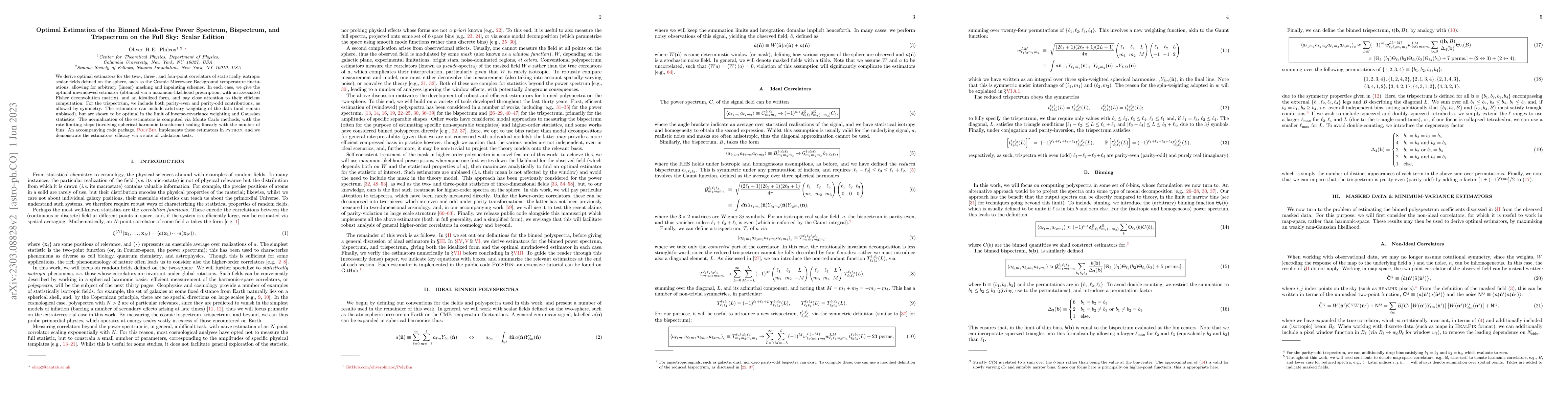 Thumbnail for Optimal Estimation of the Binned Mask-Free Power Spectrum, Bispectrum,
  and Trispectrum on the Full Sky: Scalar Edition