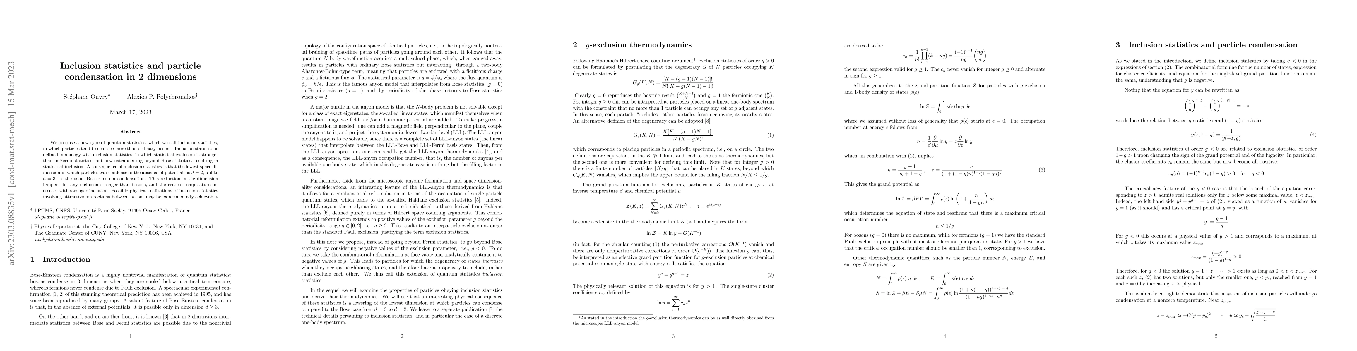 Thumbnail for Inclusion statistics and particle condensation in 2 dimensions