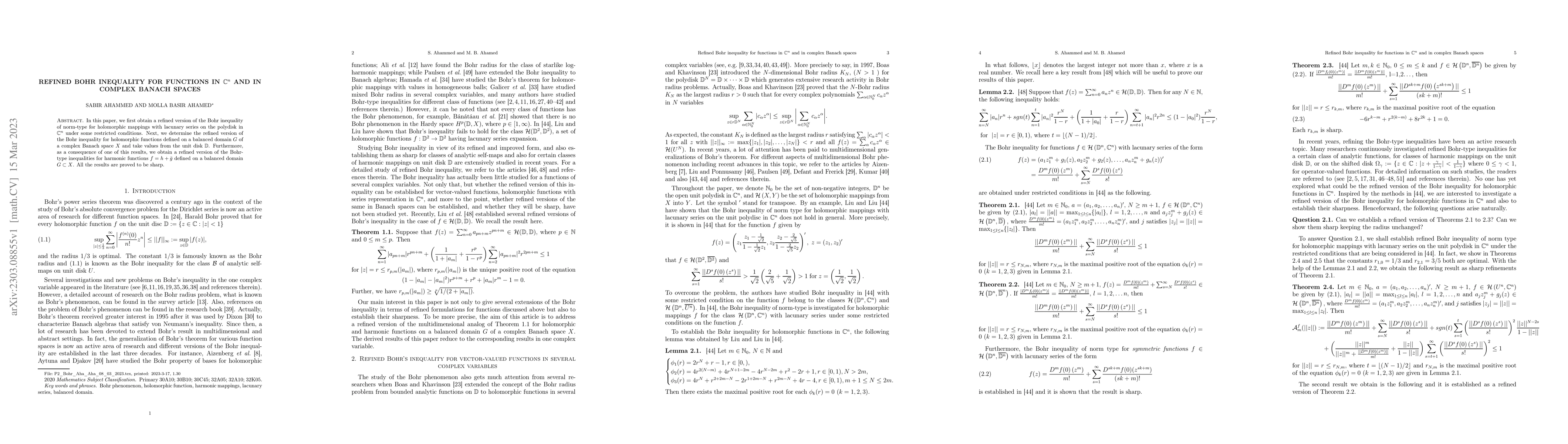 Thumbnail for Refined Bohr inequality for functions in $\mathbb{C}^n$ and in complex
  Banach spaces