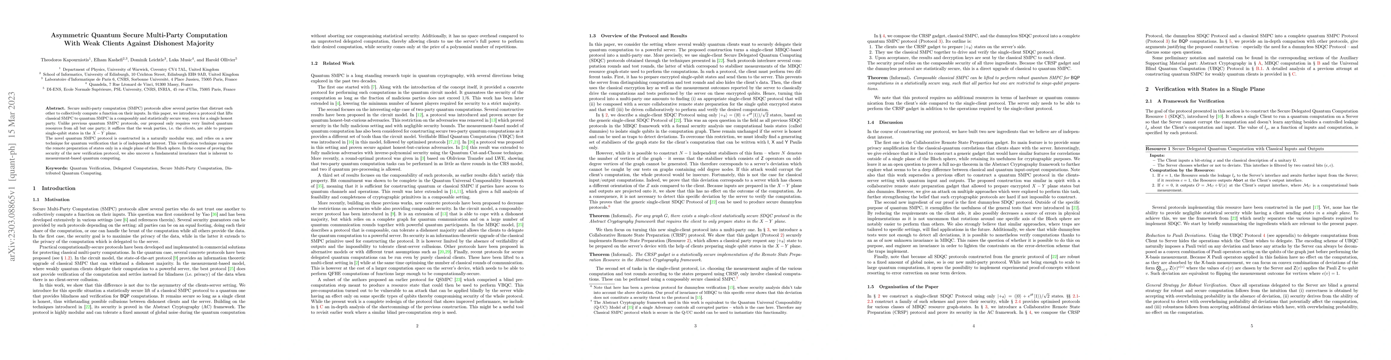 Thumbnail for Asymmetric Quantum Secure Multi-Party Computation With Weak Clients
  Against Dishonest Majority
