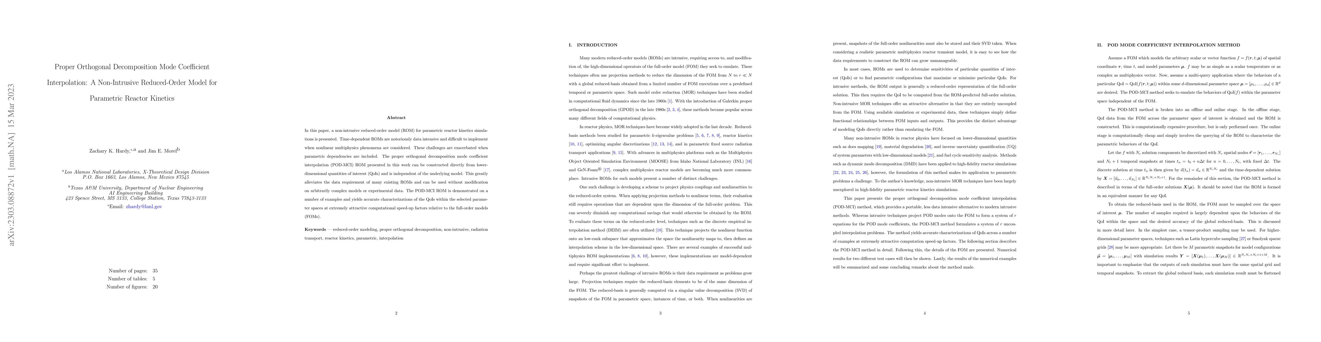 Thumbnail for Proper Orthogonal Decomposition Mode Coefficient Interpolation: A
  Non-Intrusive Reduced-Order Model for Parametric Reactor Kinetics