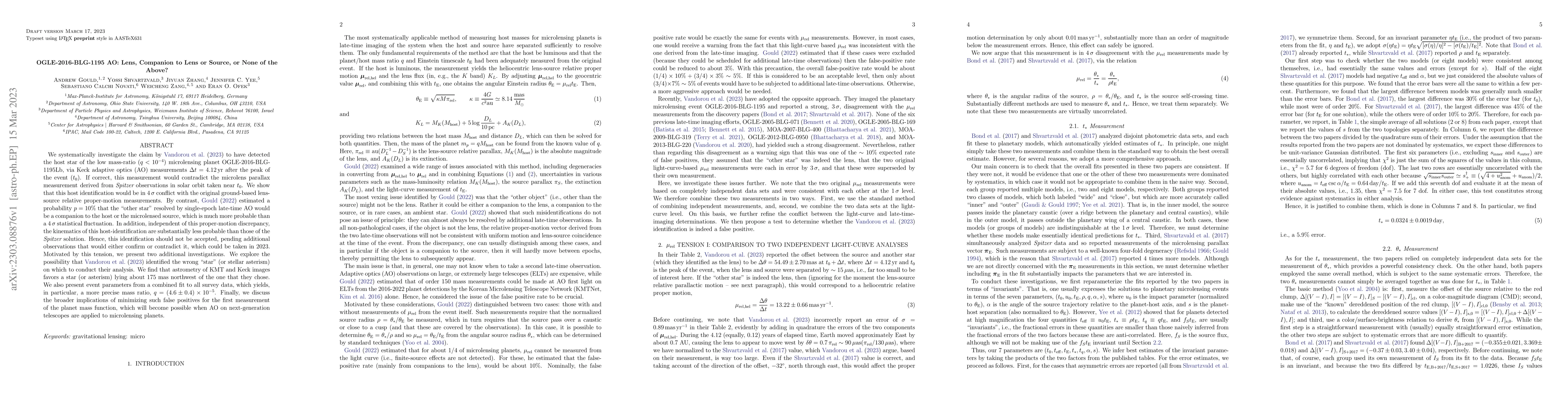 Thumbnail for OGLE-2016-BLG-1195 AO: Lens, Companion to Lens or Source, or None of the
  Above?