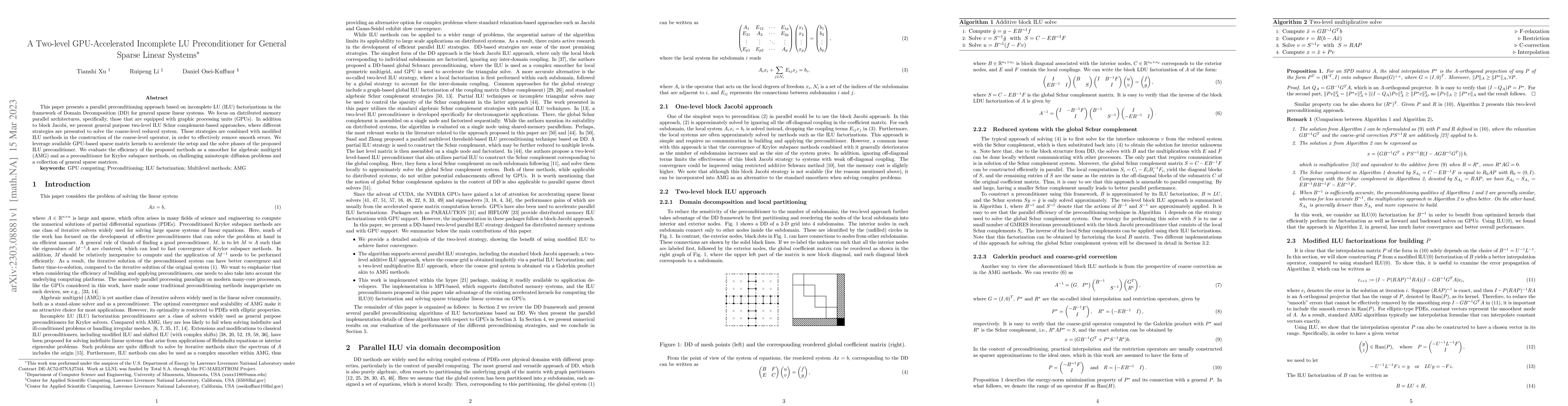 Thumbnail for A Two-level GPU-Accelerated Incomplete LU Preconditioner for General
  Sparse Linear Systems