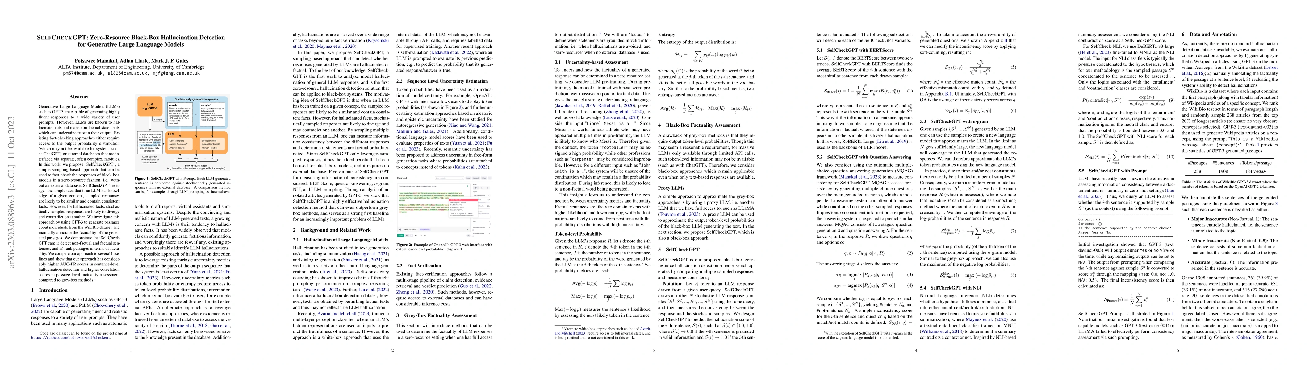 Thumbnail for SelfCheckGPT: Zero-Resource Black-Box Hallucination Detection for
  Generative Large Language Models
