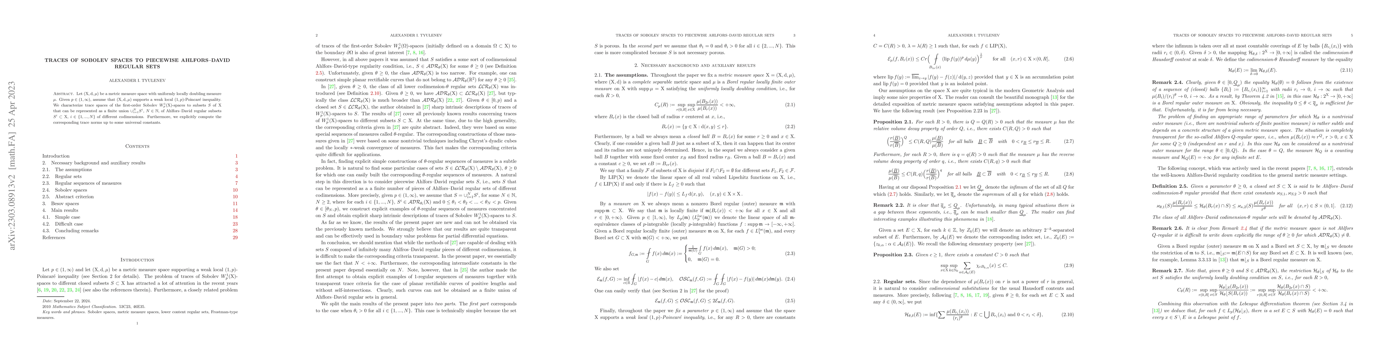 Thumbnail for Traces of Sobolev spaces to piecewise Ahlfors--David regular sets