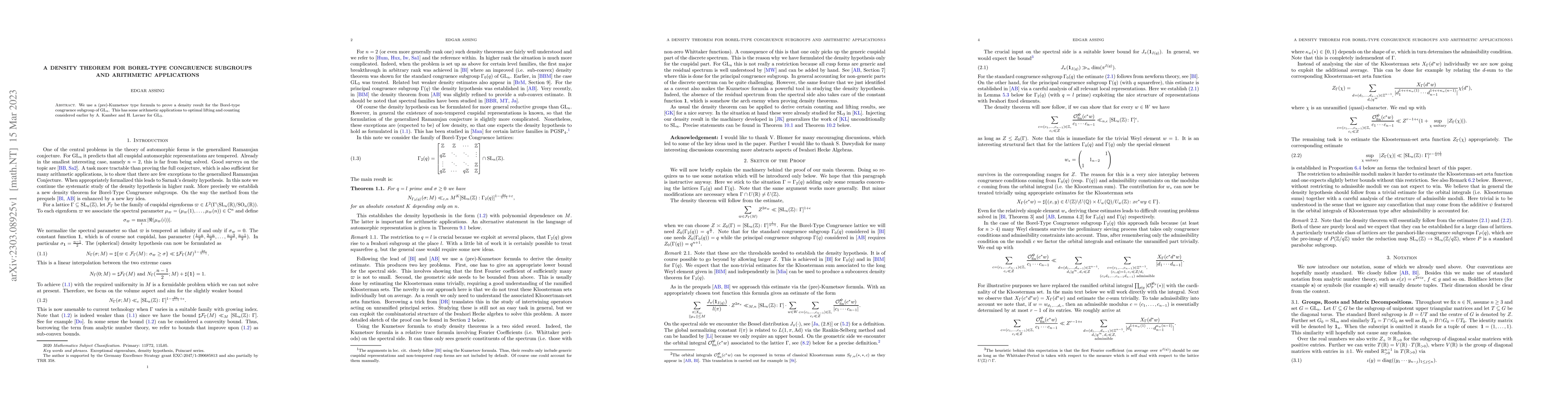 Thumbnail for A density theorem for Borel-Type Congruence subgroups and arithmetic
  applications