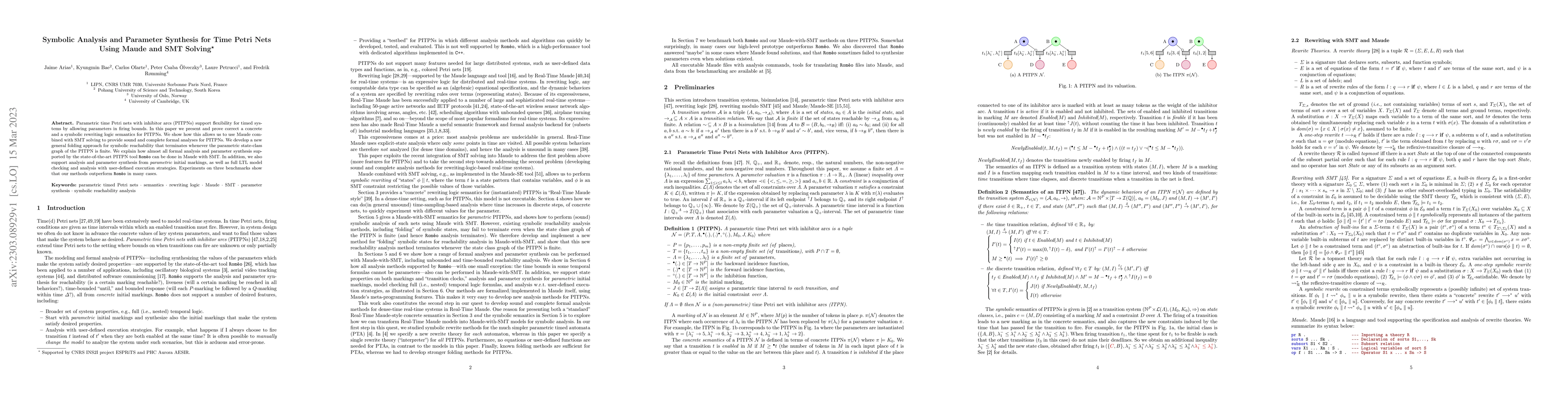 Thumbnail for Symbolic Analysis and Parameter Synthesis for Time Petri Nets Using
  Maude and SMT Solving