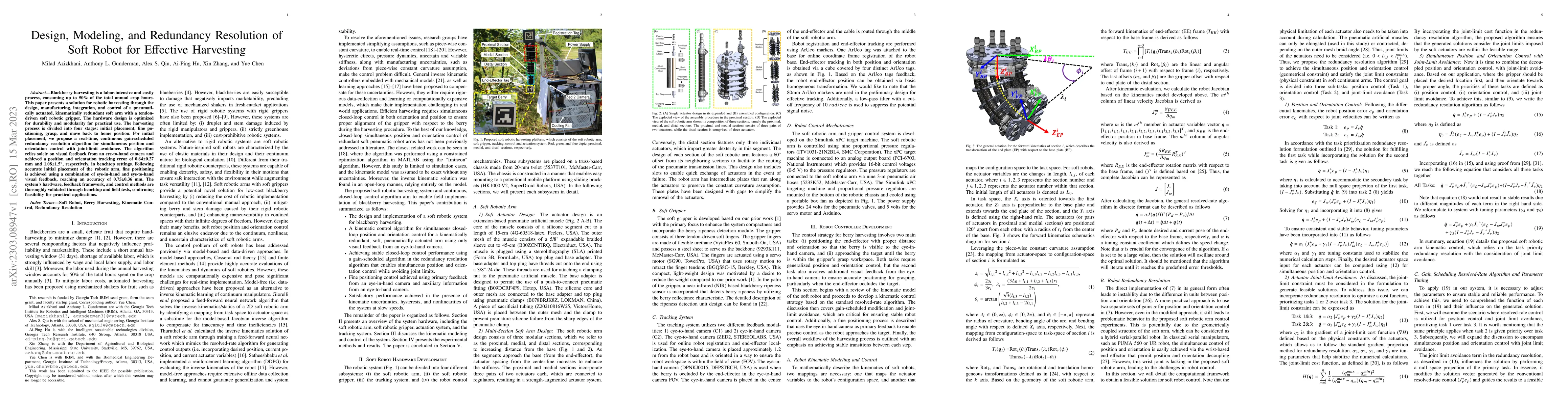 Thumbnail for Design, Modeling, and Redundancy Resolution of Soft Robot for Effective
  Harvesting