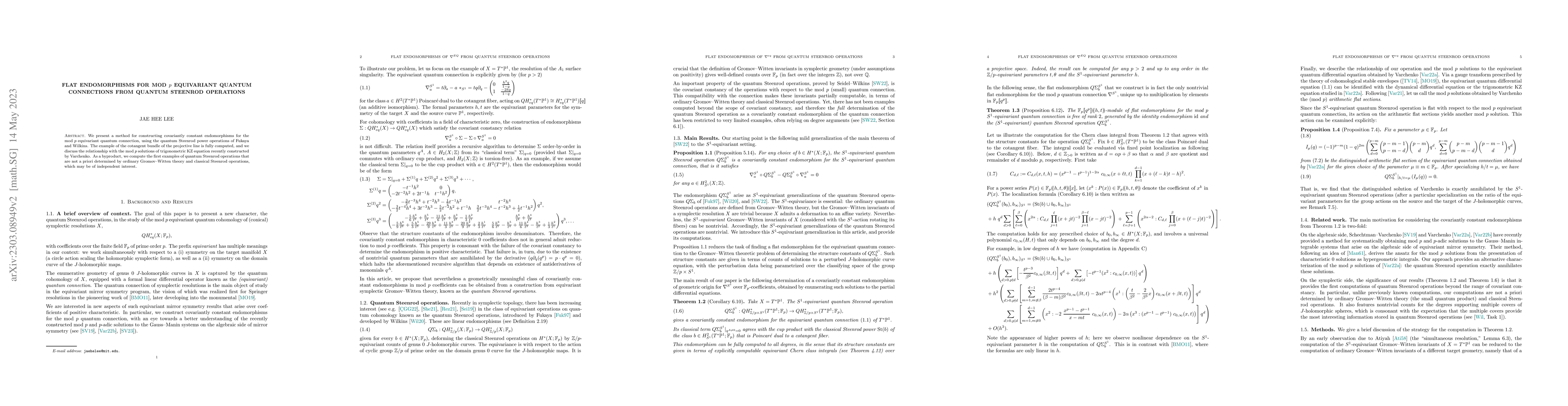 Thumbnail for Flat endomorphisms for mod $p$ equivariant quantum connections from
  quantum Steenrod operations