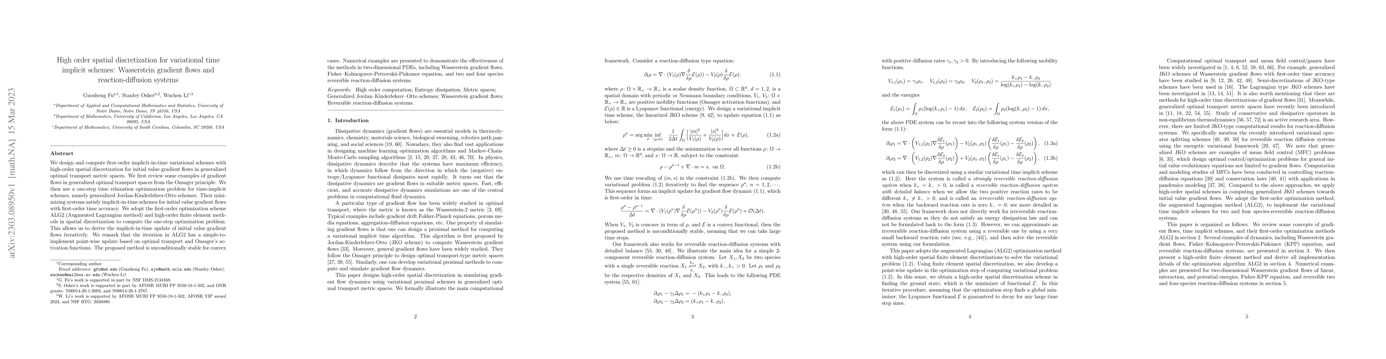 Thumbnail for High order spatial discretization for variational time implicit schemes:
  Wasserstein gradient flows and reaction-diffusion systems