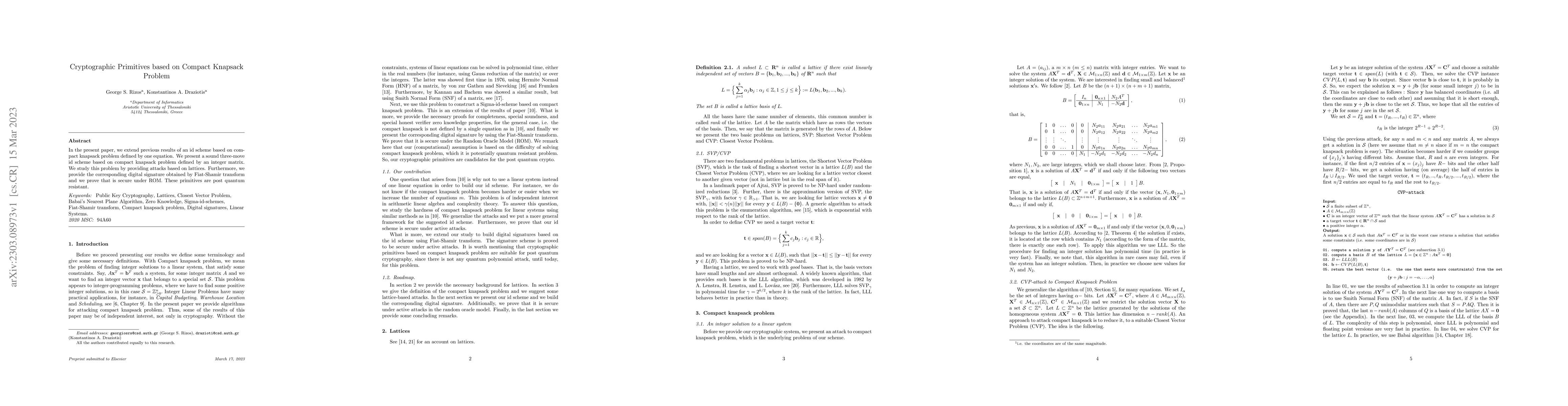 Thumbnail for Cryptographic Primitives based on Compact Knapsack Problem