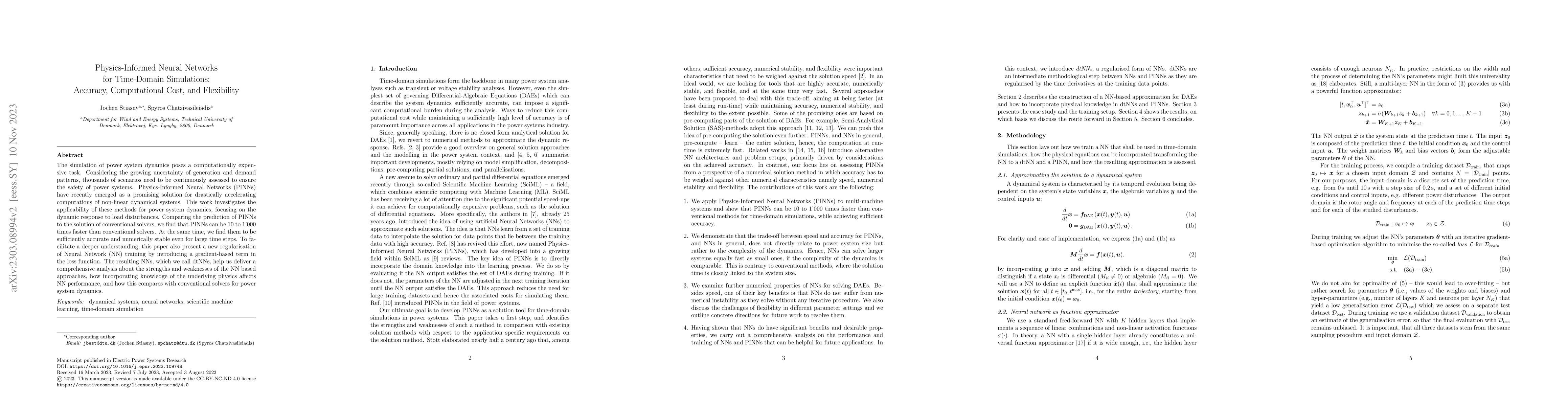 Thumbnail for Physics-Informed Neural Networks for Time-Domain Simulations: Accuracy,
  Computational Cost, and Flexibility