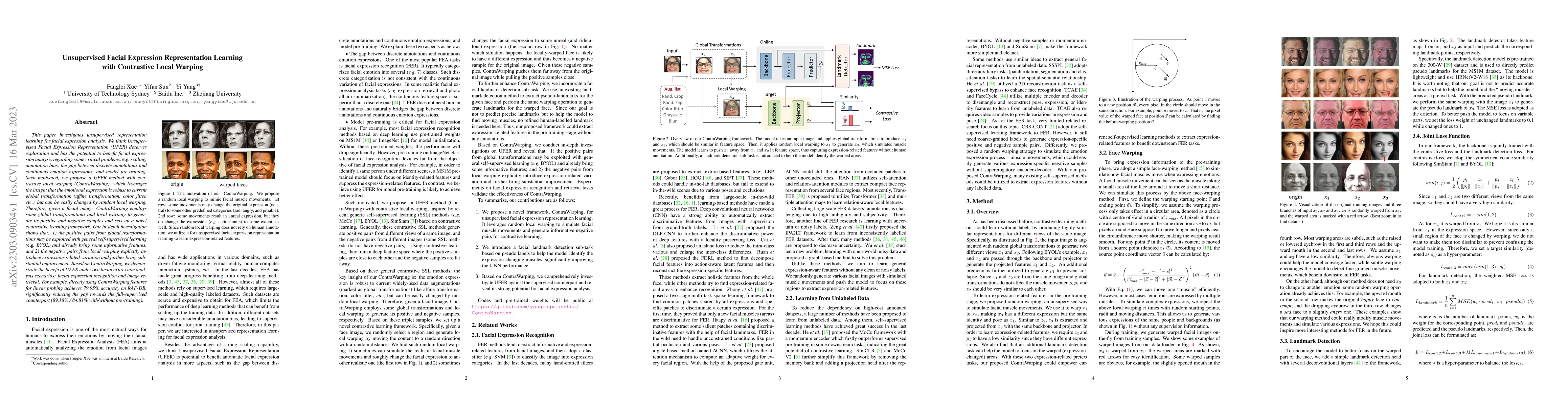 Thumbnail for Unsupervised Facial Expression Representation Learning with Contrastive
  Local Warping