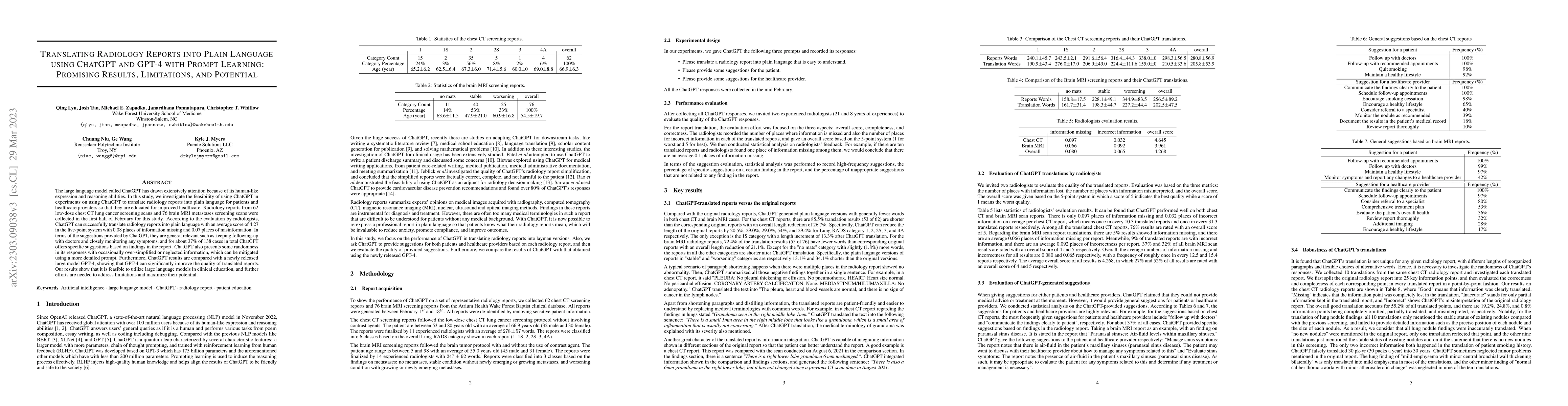 Thumbnail for Translating Radiology Reports into Plain Language using ChatGPT and
  GPT-4 with Prompt Learning: Promising Results, Limitations, and Potential