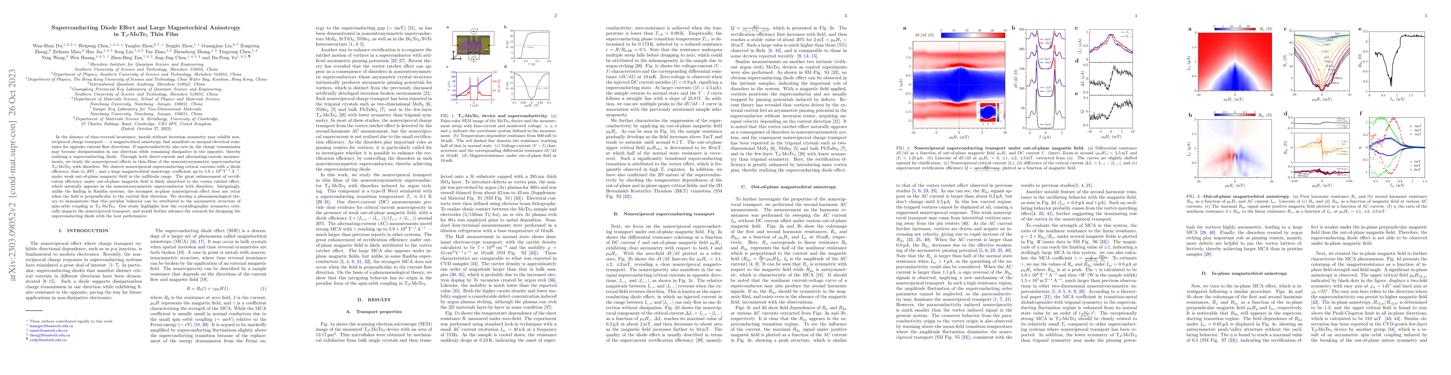 Thumbnail for Superconducting Diode Effect and Large Magnetochiral Anisotropy in
  T$_d$-MoTe$_2$ Thin Film