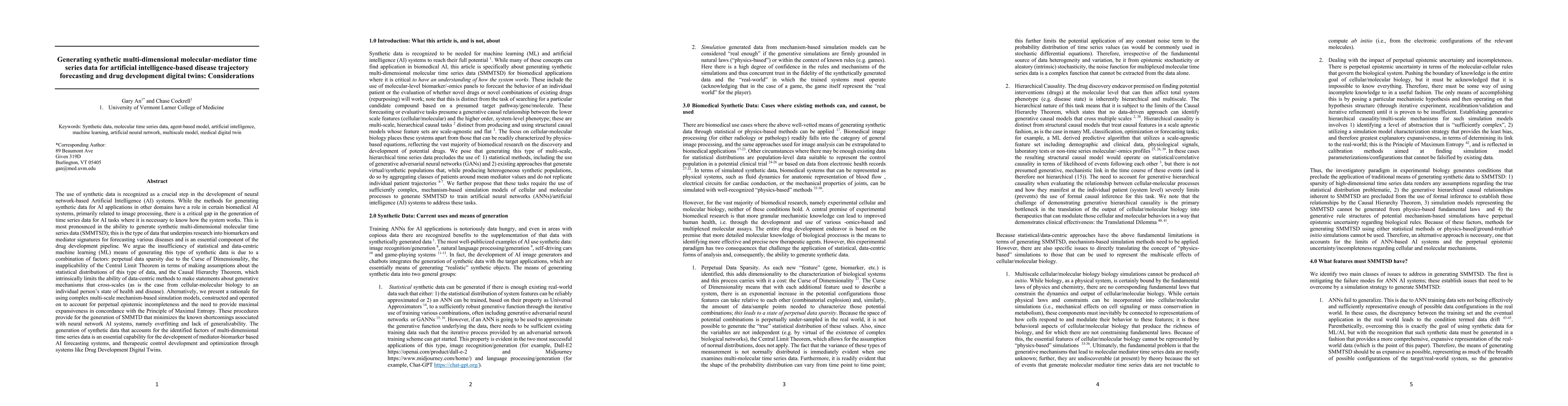 Thumbnail for Generating synthetic multi-dimensional molecular-mediator time series
  data for artificial intelligence-based disease trajectory forecasting and
  drug development digital twins: Considerations