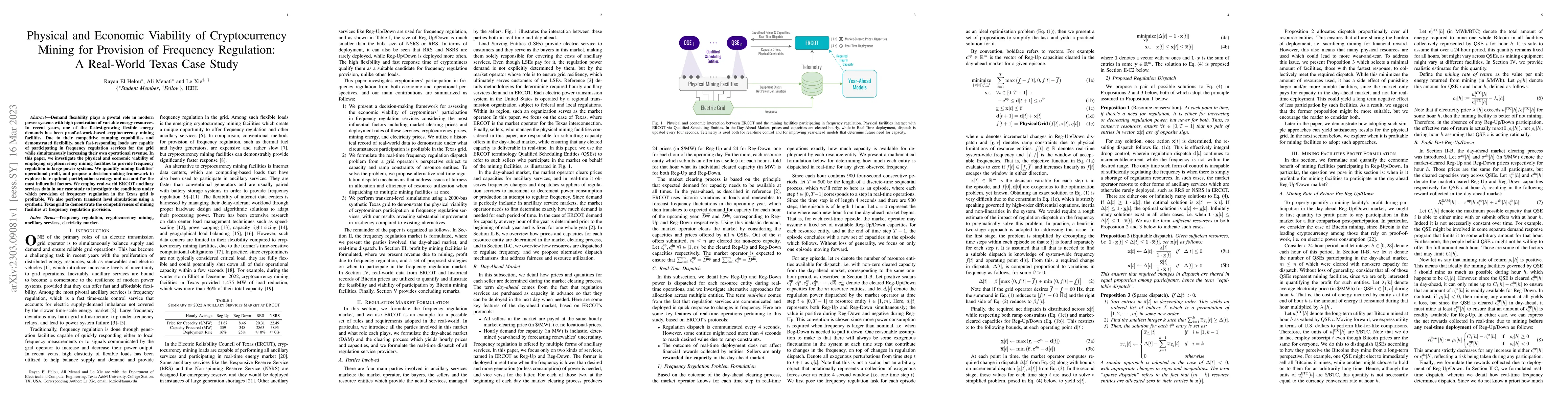 Thumbnail for Physical and Economic Viability of Cryptocurrency Mining for Provision
  of Frequency Regulation: A Real-World Texas Case Study